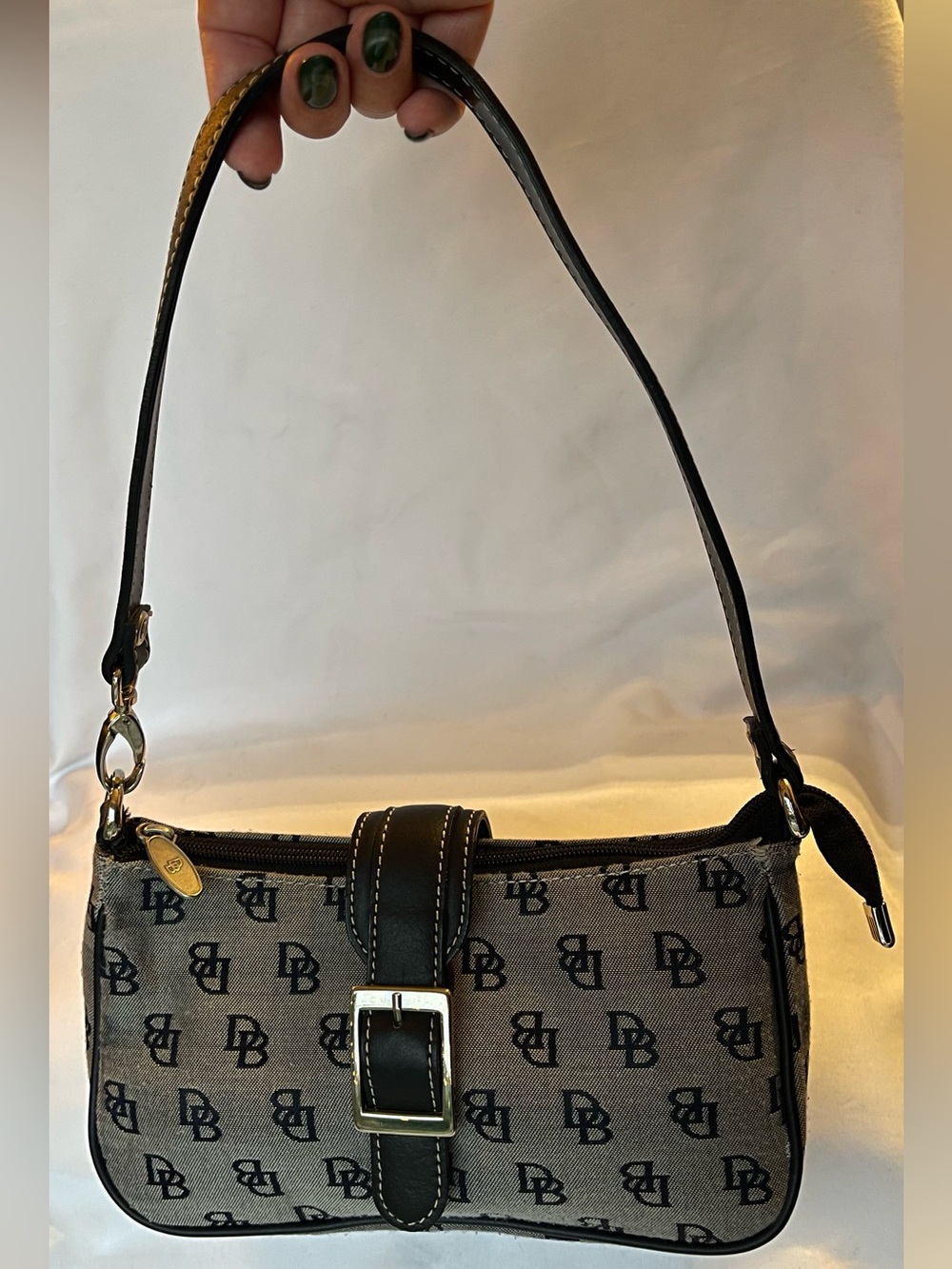 Dooney & Bourke Black and Gray Logo Shoulder Bag with Buckle Strap